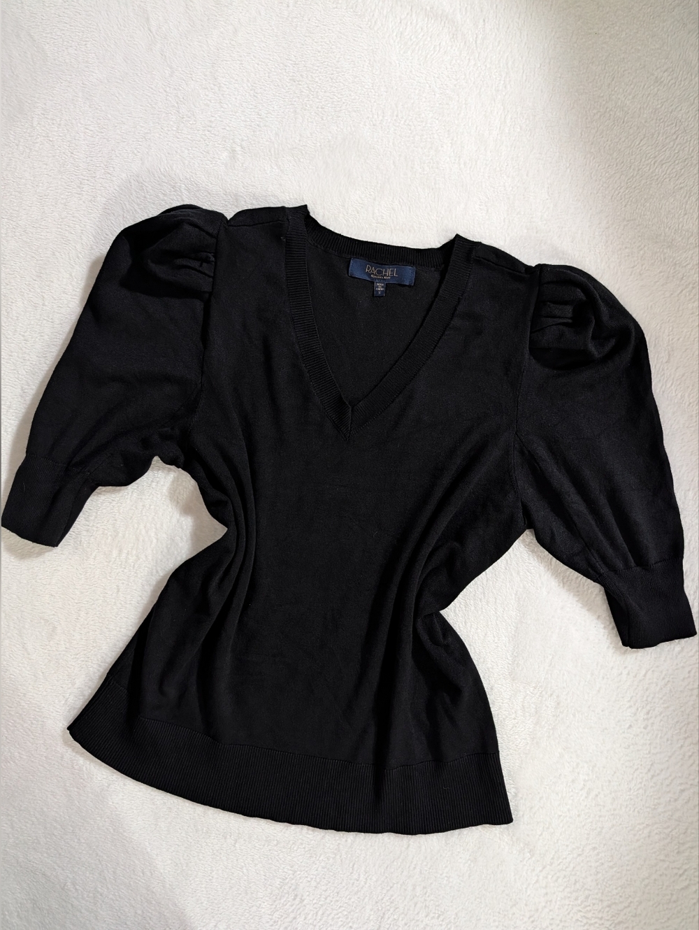 Rachel Roy Black Sweater, V-Neck Knit with Rib Trim, Elegant Sleeves, Size Small